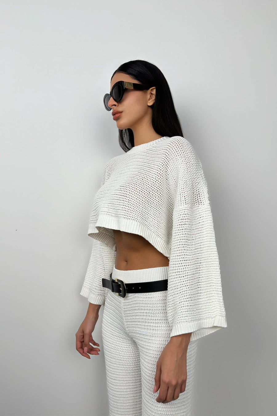 Oversize White Knitted Blouse Trouser Set 