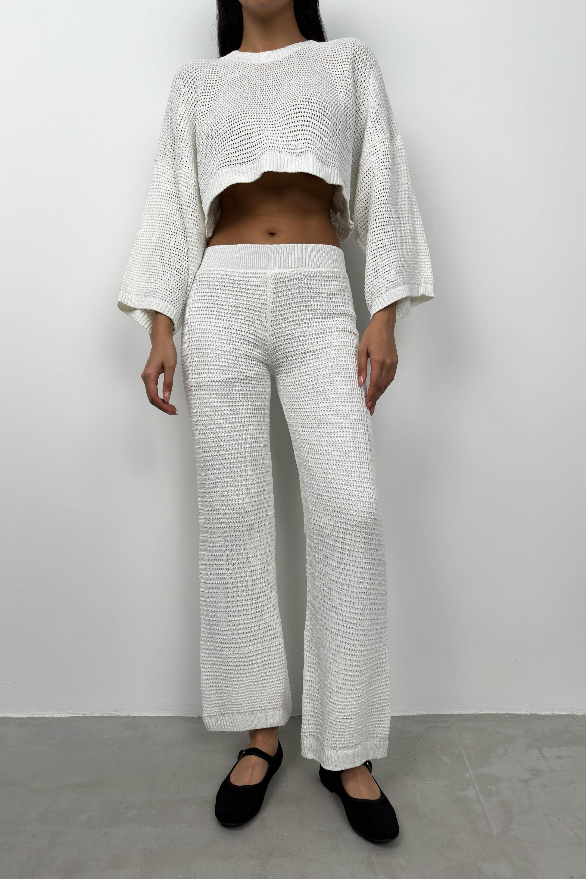 Oversize White Knitted Blouse Trouser Set 