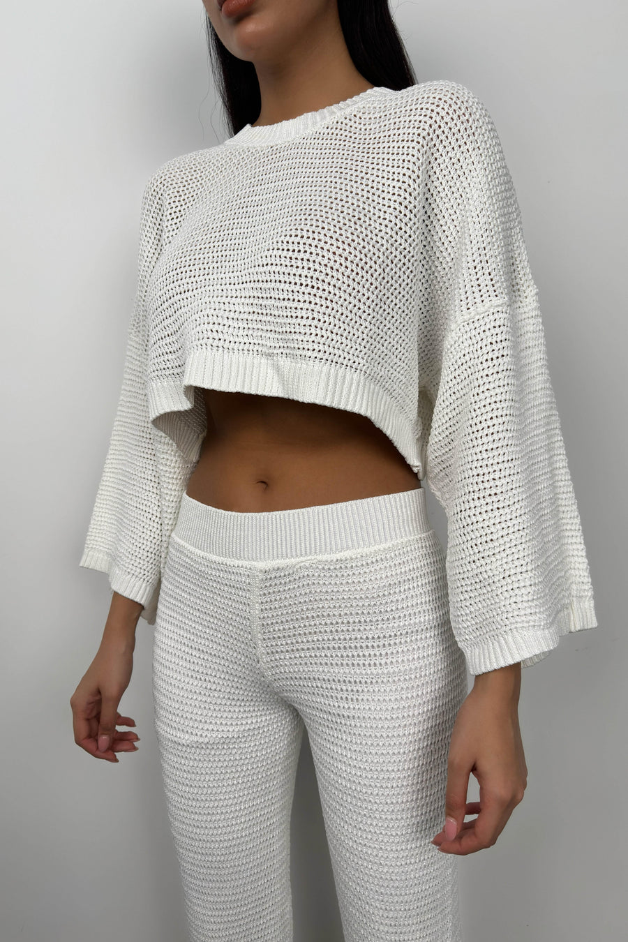 Oversize White Knitted Blouse Trouser Set 