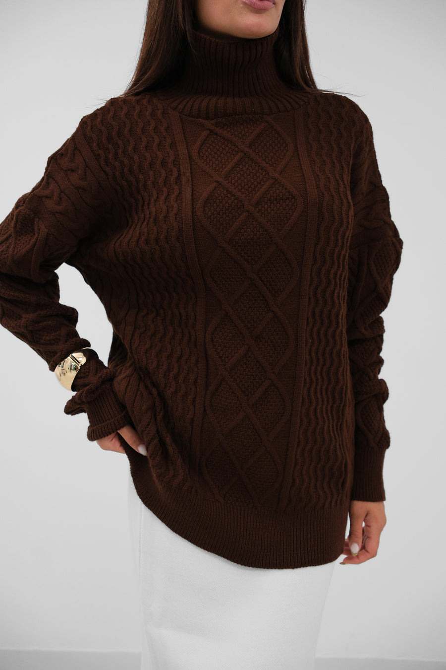 Oversize Turtleneck Brown Knitted Sweater