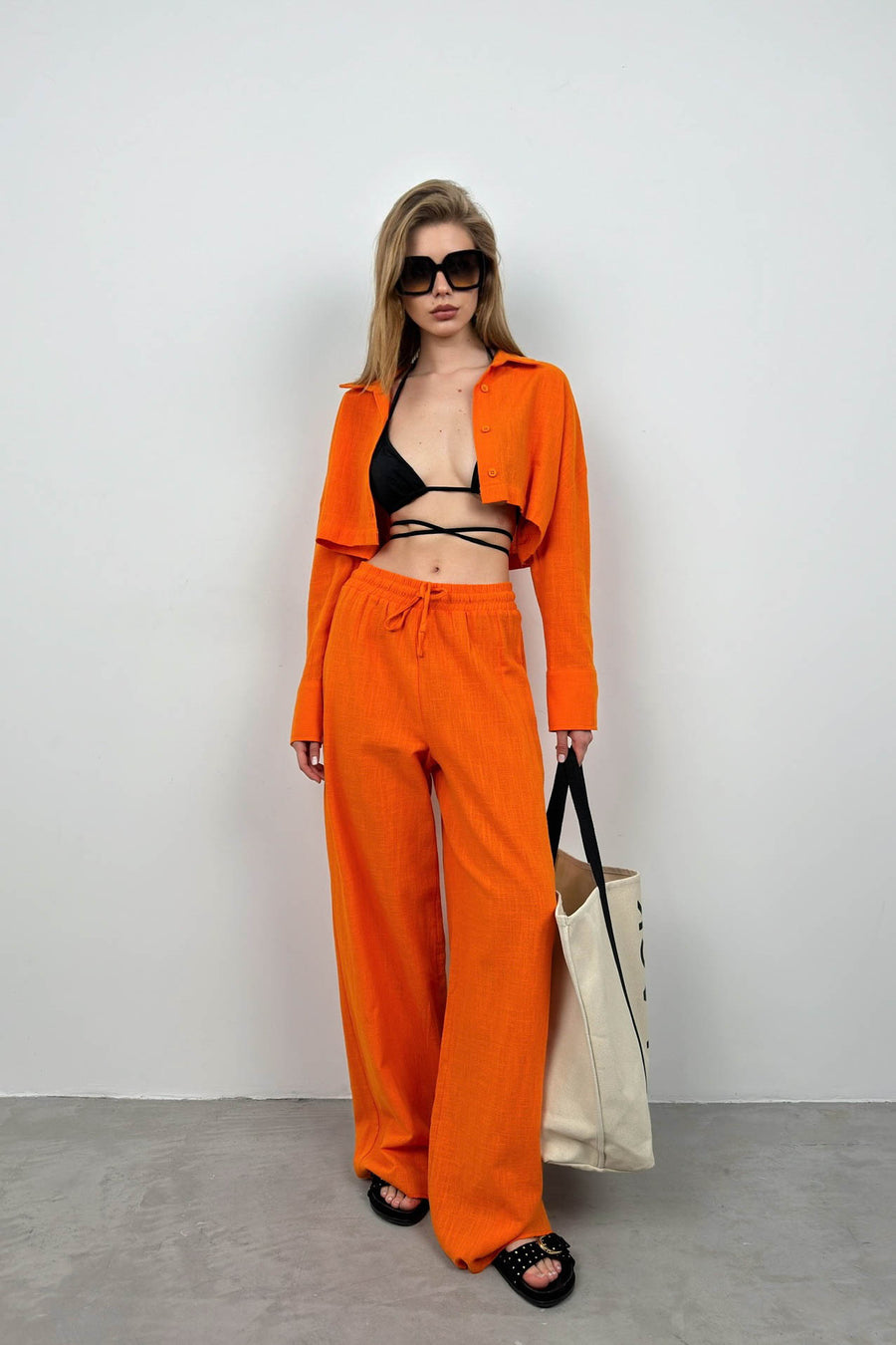 Oversize Crop Shirt Wide Leg Orange Trousers Set