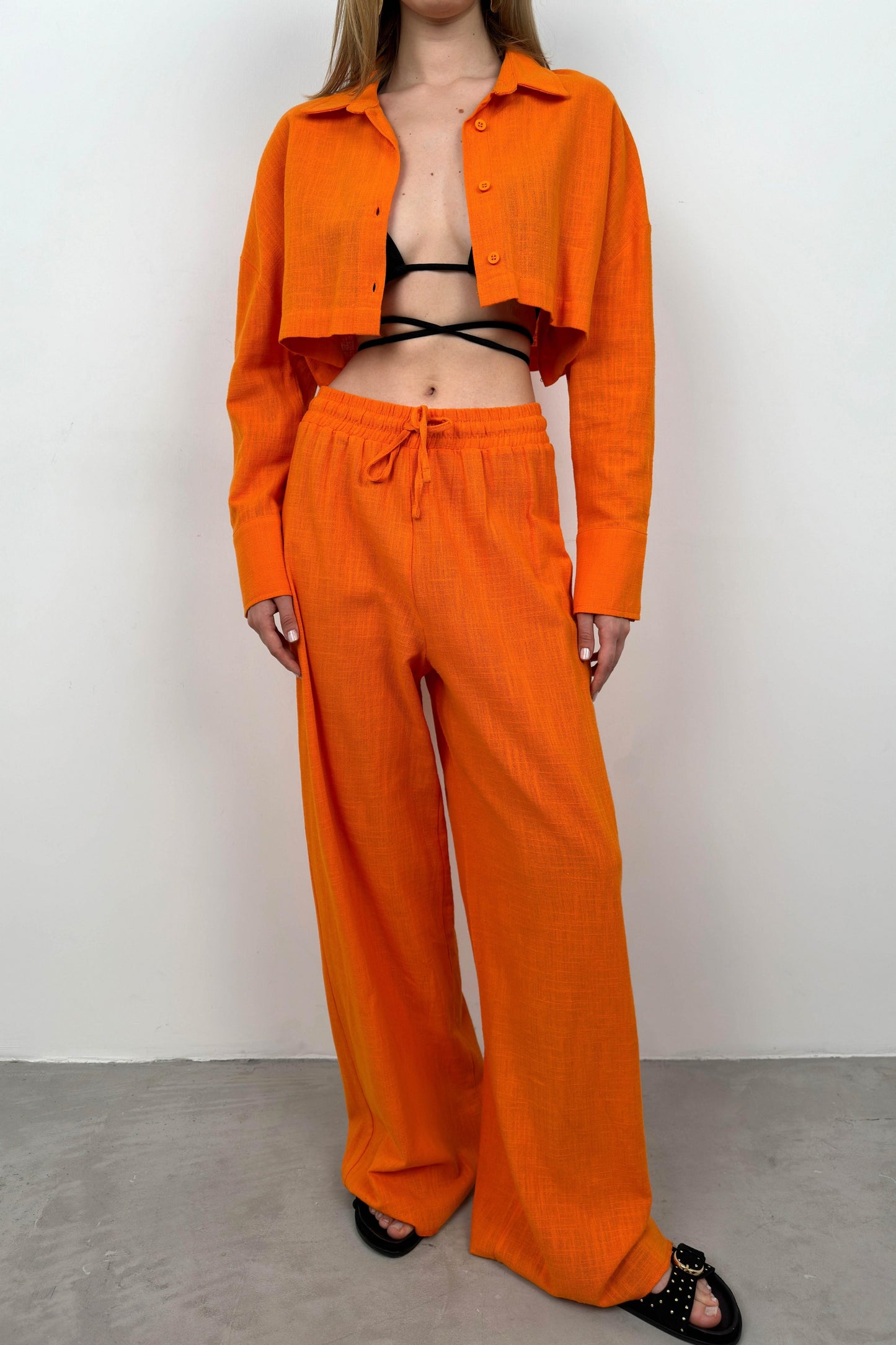 Oversize Crop Shirt Wide Leg Orange Trousers Set