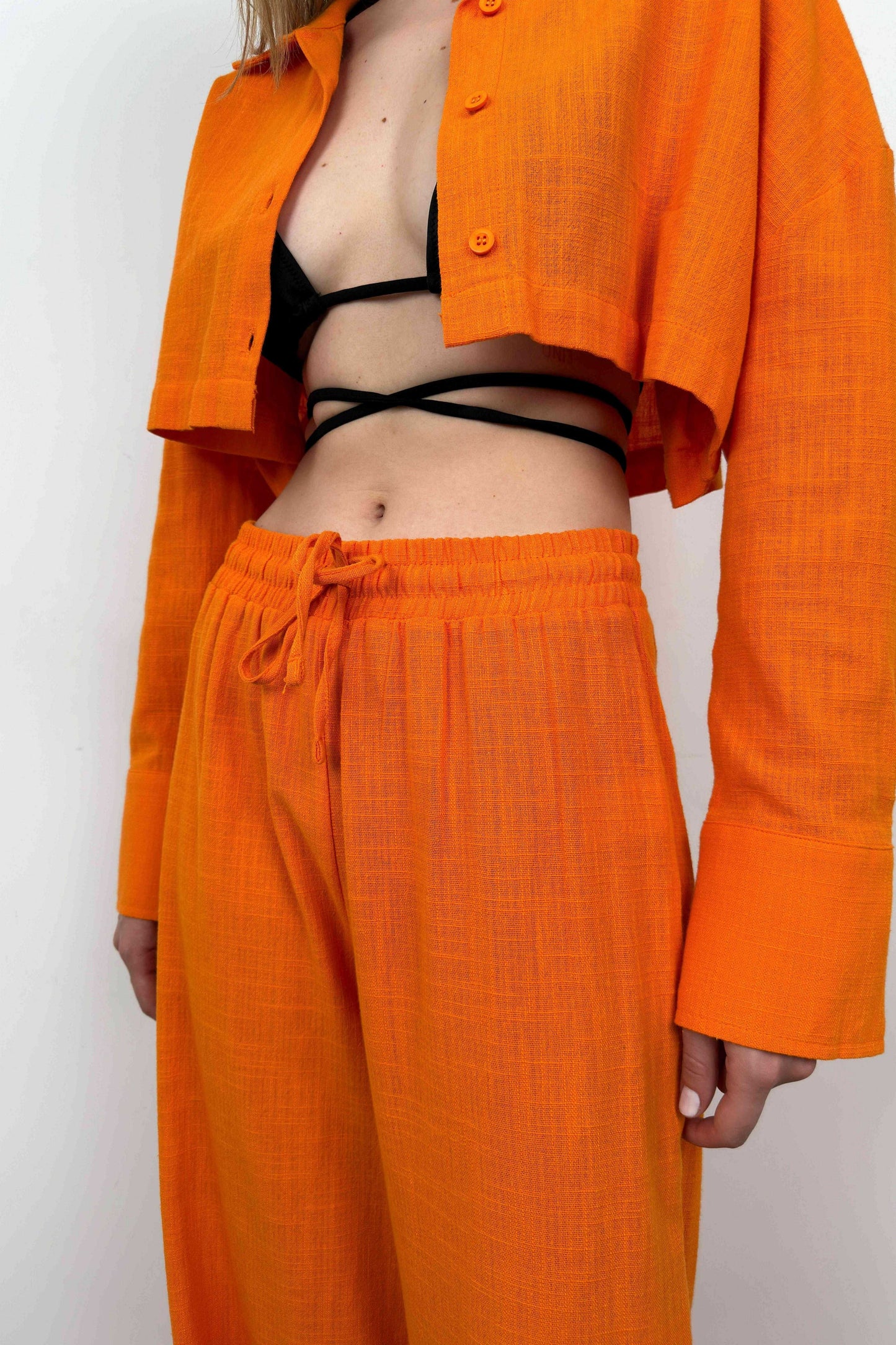 Oversize Crop Shirt Wide Leg Orange Trousers Set