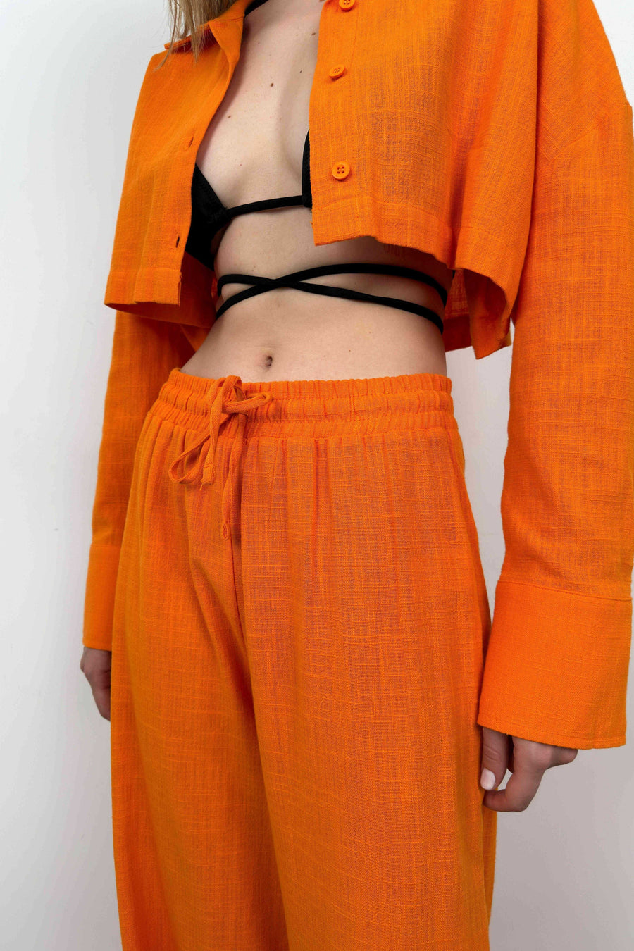 Oversize Crop Shirt Wide Leg Orange Trousers Set