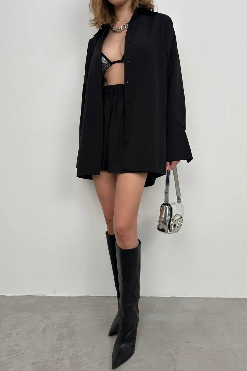 Oversize Shirt and Gathered Black Shorts Set 