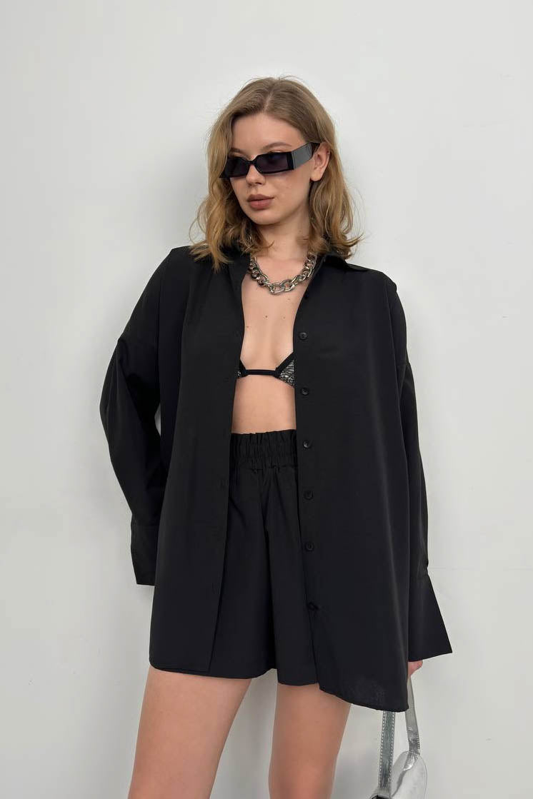 Oversize Shirt and Gathered Black Shorts Set 