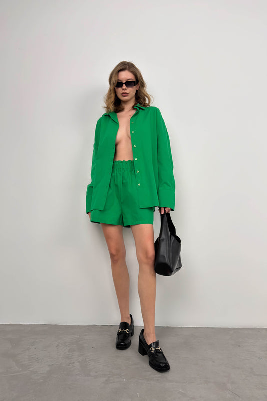 Oversize Shirt Gathered Green Shorts Set 