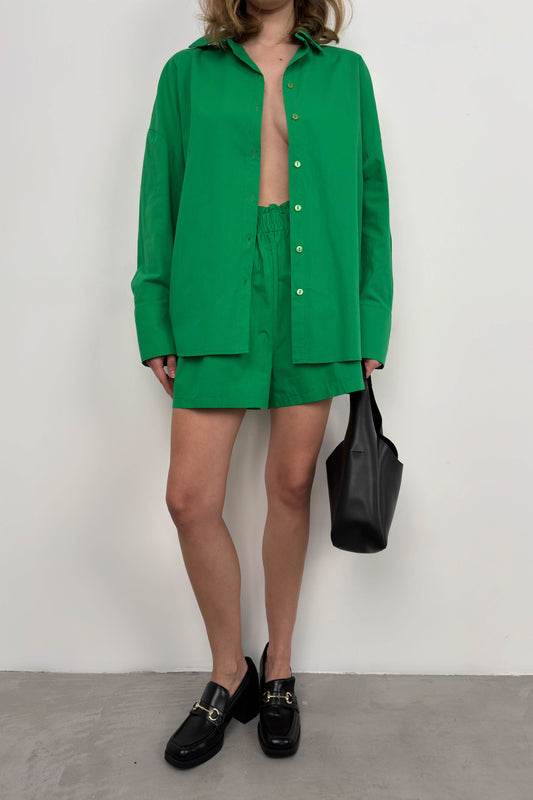 Oversize Shirt Gathered Green Shorts Set 