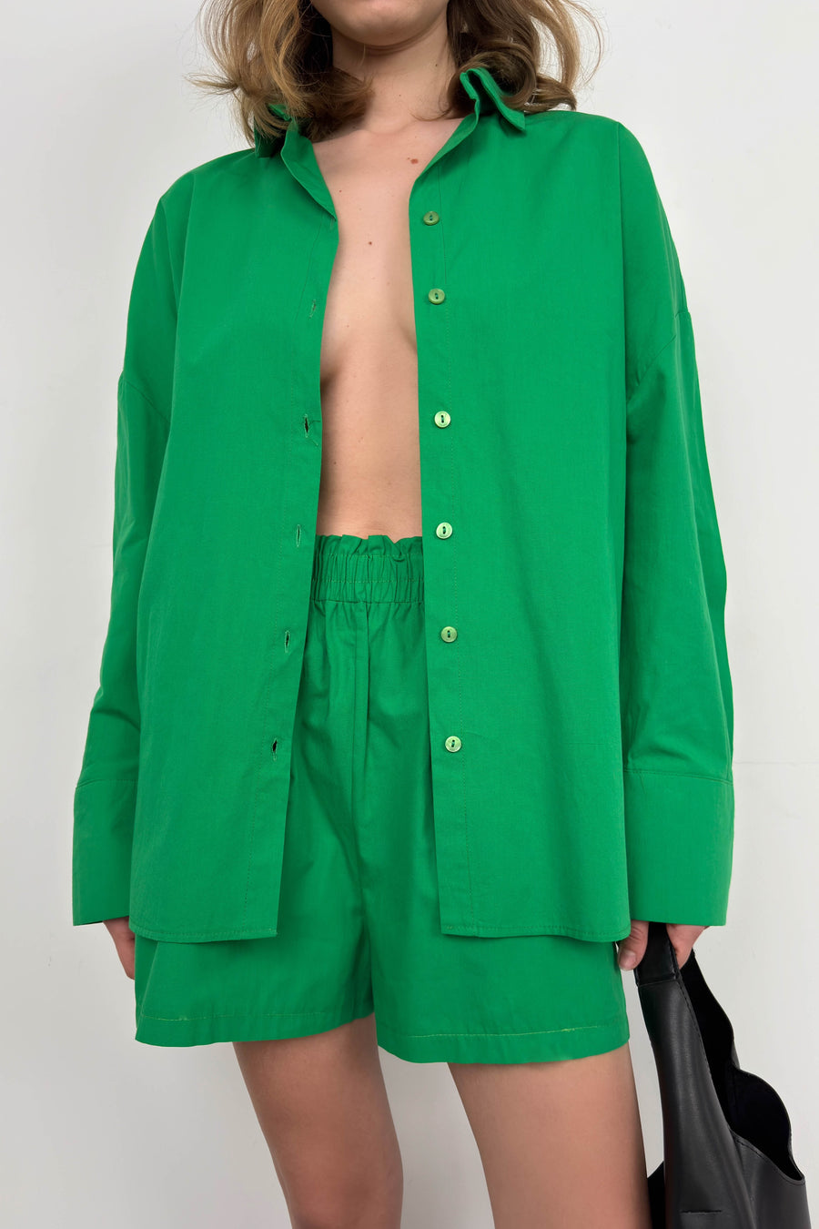 Oversize Shirt Gathered Green Shorts Set 