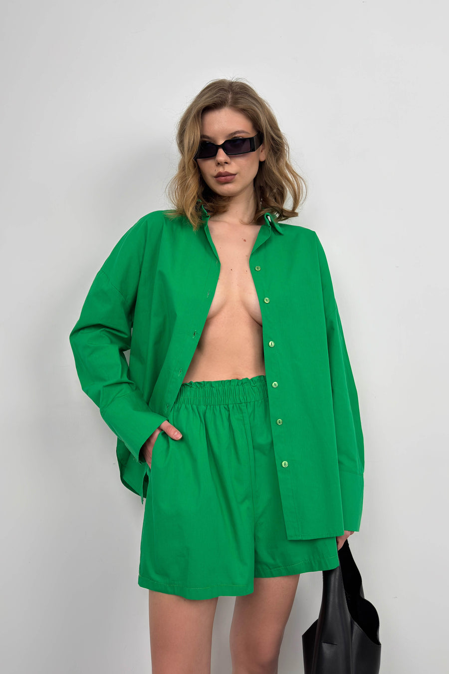 Oversize Shirt Gathered Green Shorts Set 