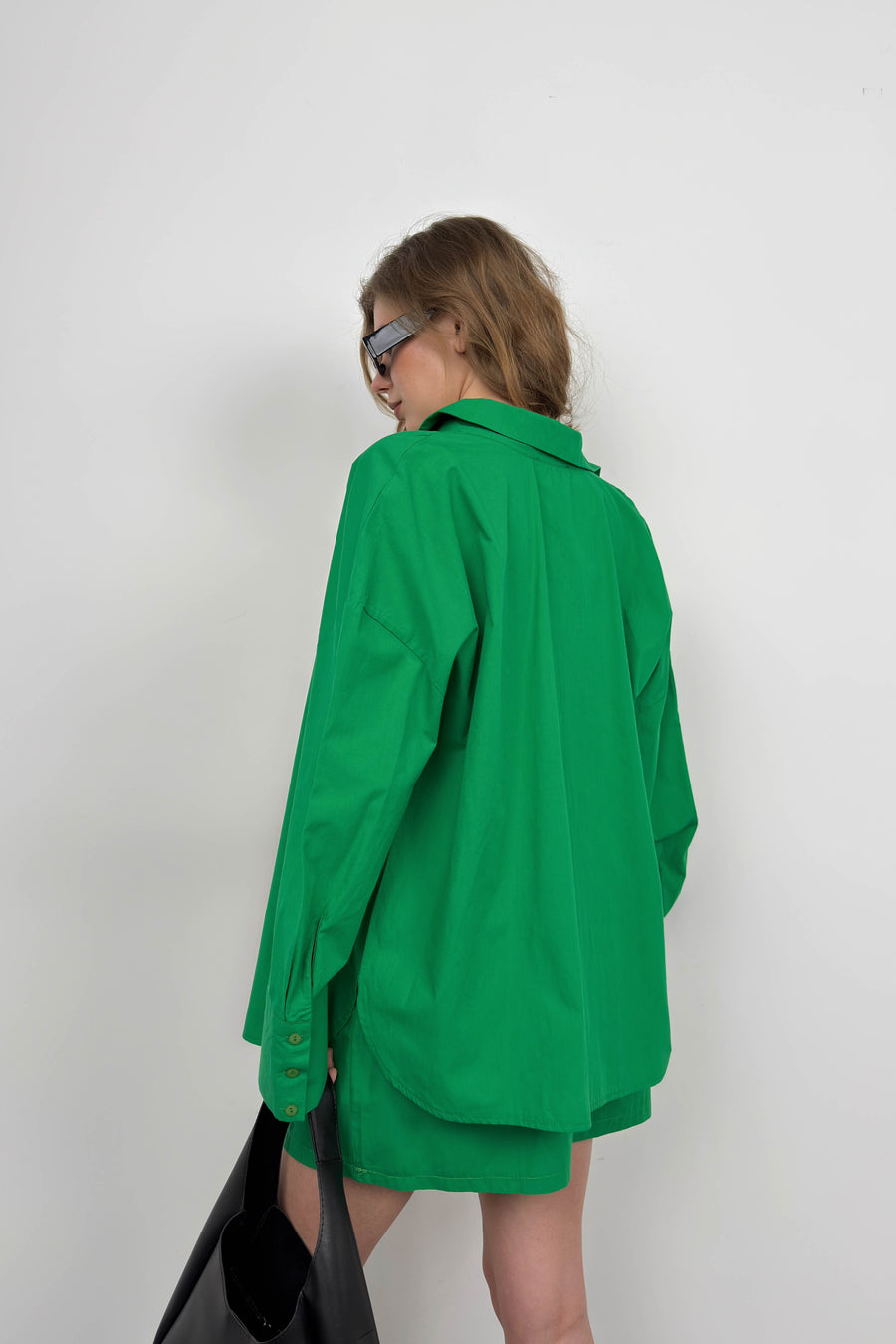 Oversize Shirt Gathered Green Shorts Set 