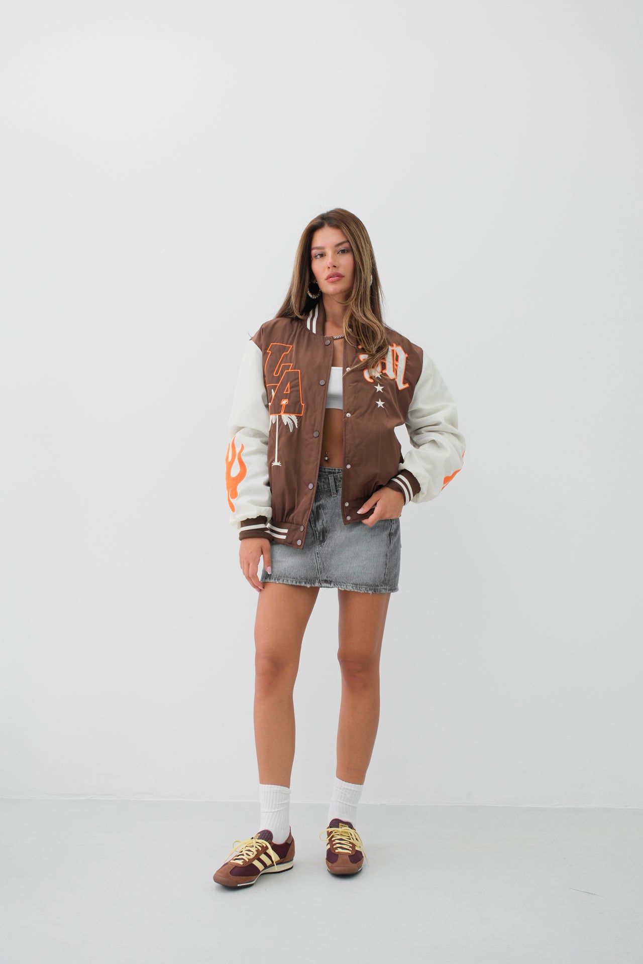 Oversize Embroidered Brown College Jacket 