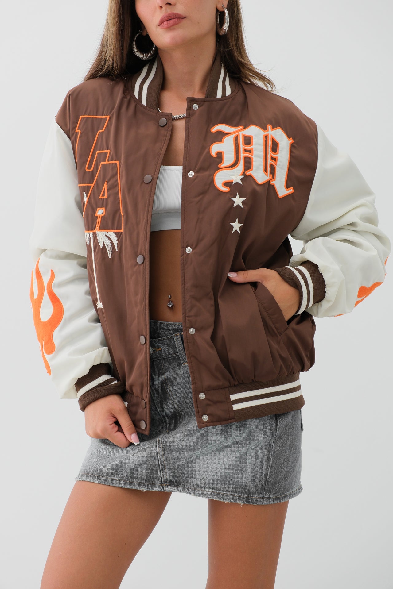 Oversize Embroidered Brown College Jacket 