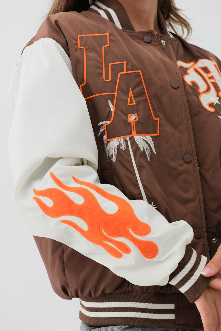 Oversize Embroidered Brown College Jacket