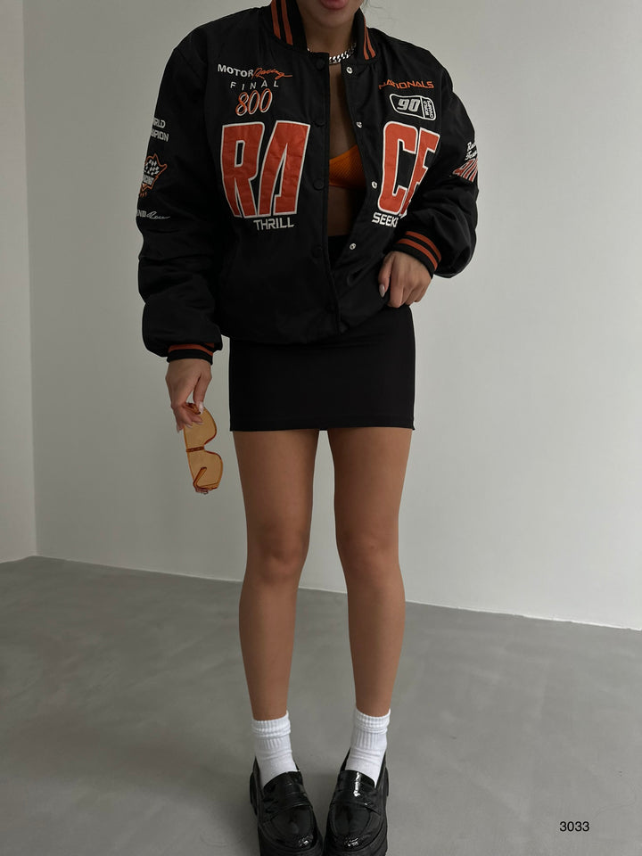 Oversize Embroidered Black College Jacket 