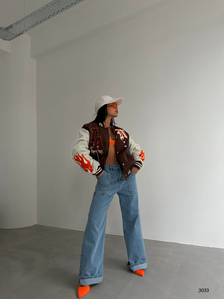 Oversize Embroidered Brown College Jacket