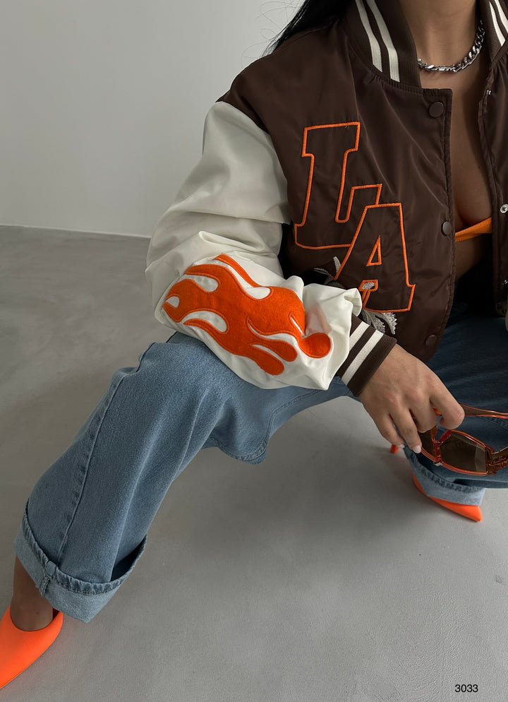 Oversize Embroidered Brown College Jacket