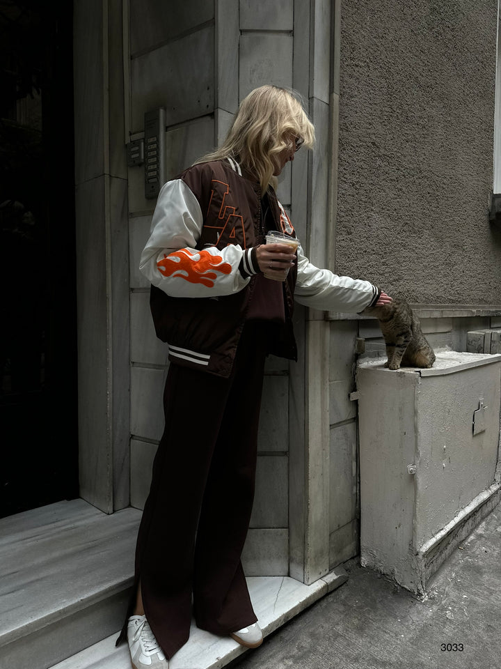 Oversize Embroidered Brown College Jacket