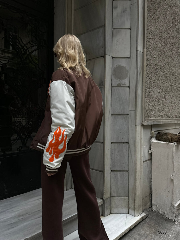 Oversize Embroidered Brown College Jacket