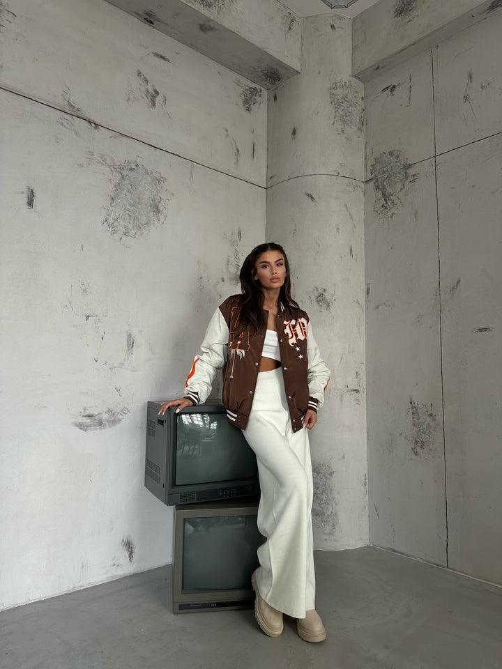 Oversize Embroidered Brown College Jacket