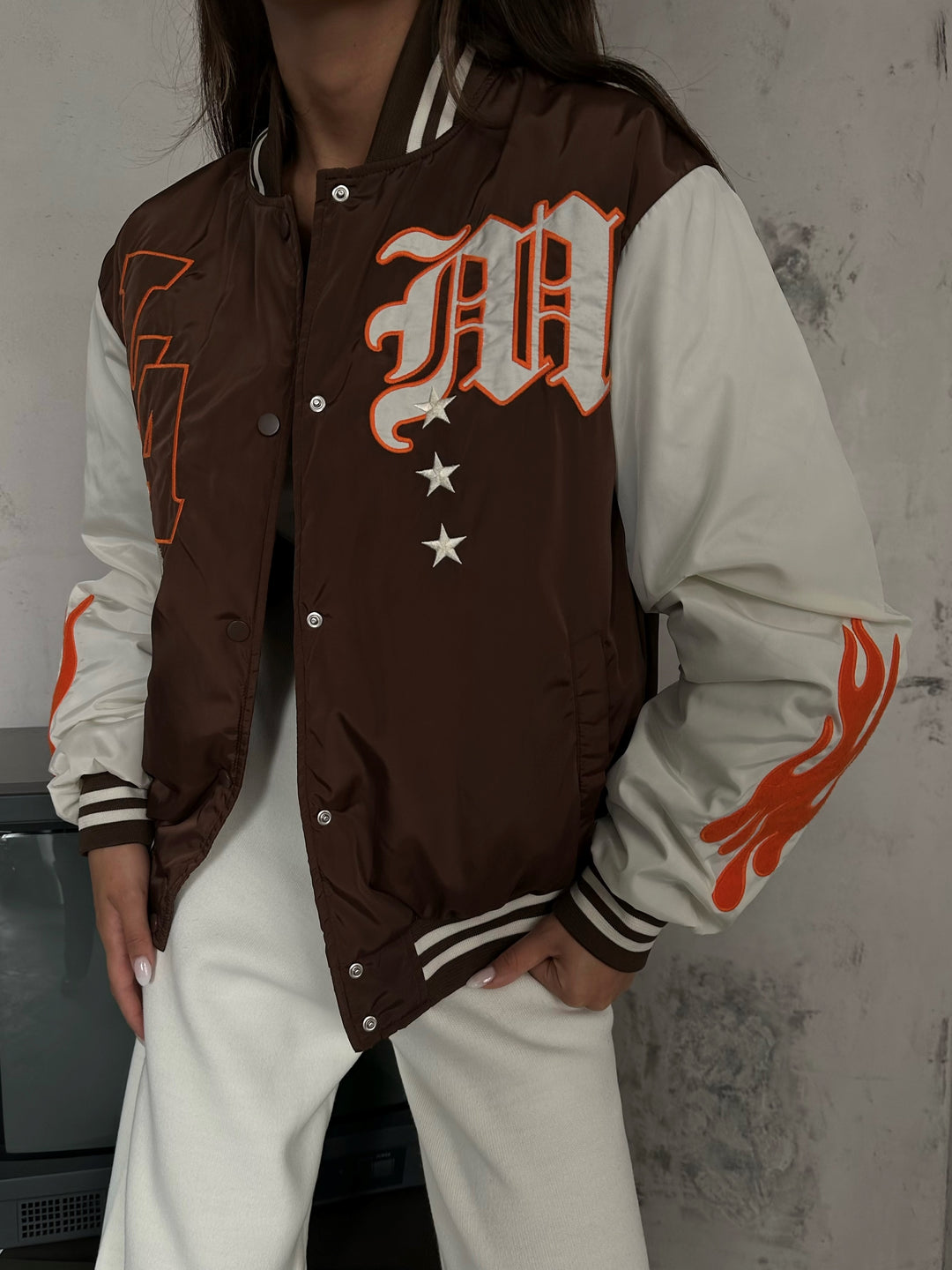 Oversize Embroidered Brown College Jacket