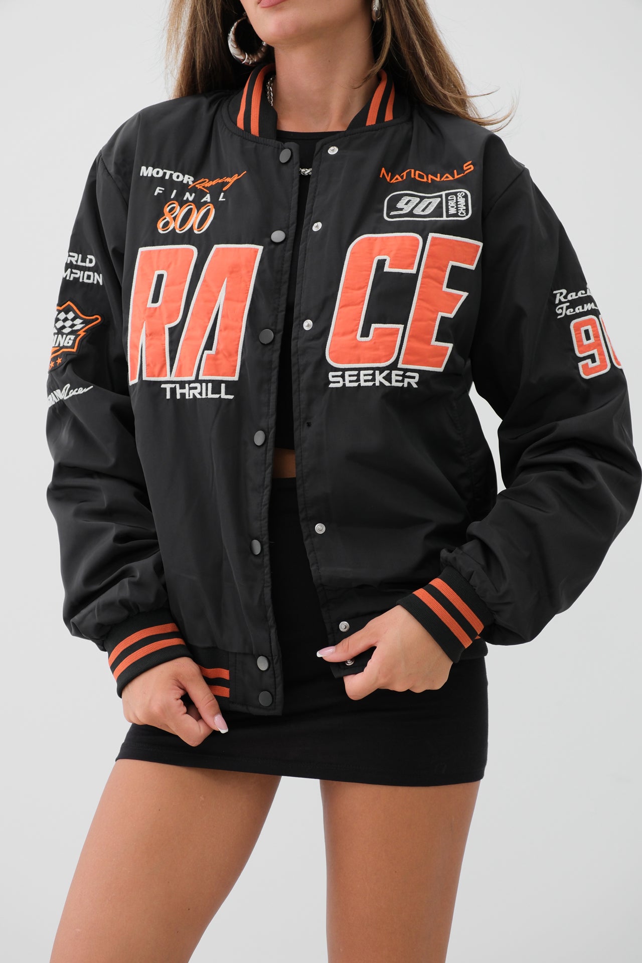 Oversize Embroidered Black College Jacket 