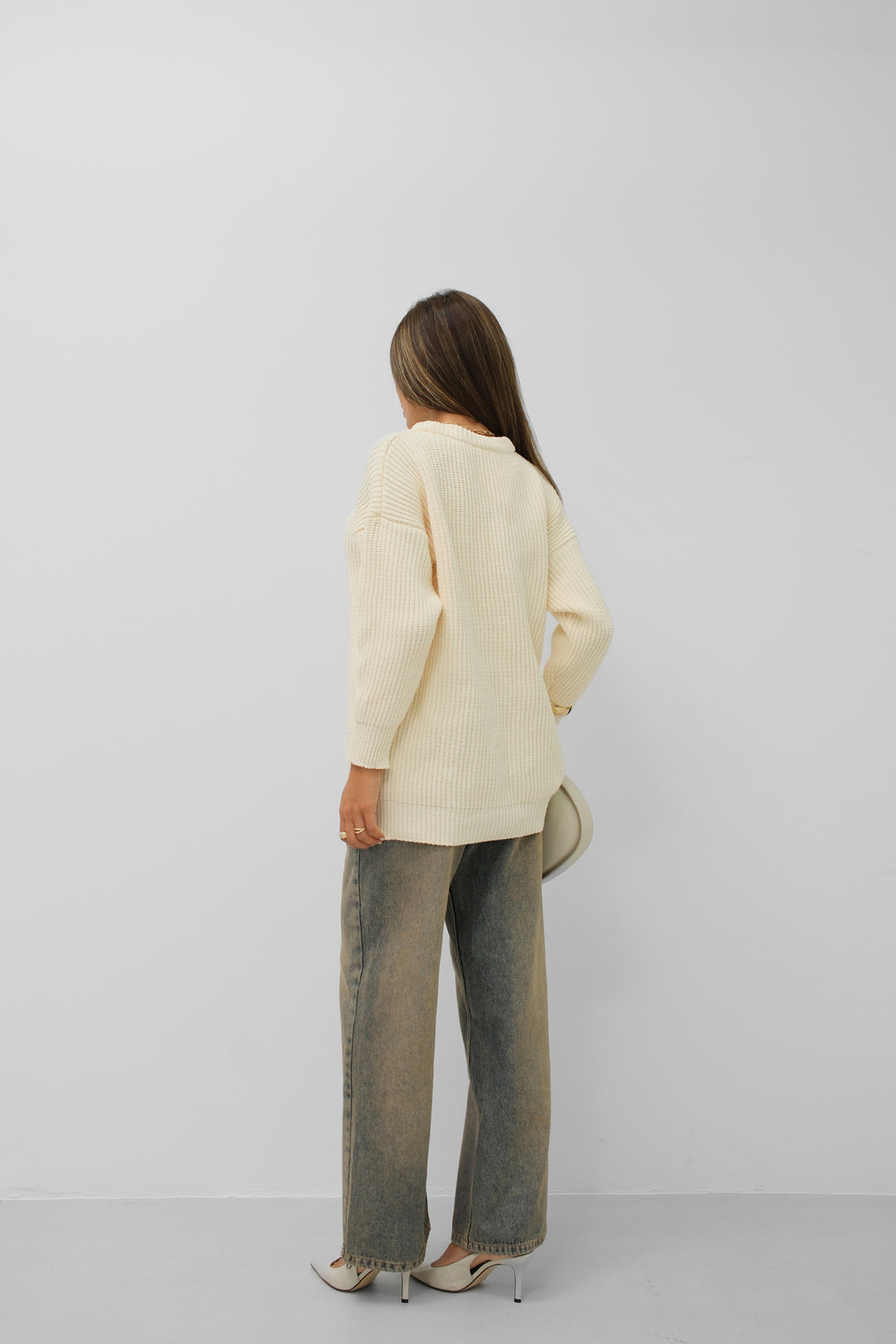 Oversize Örgü Ekru Kazak