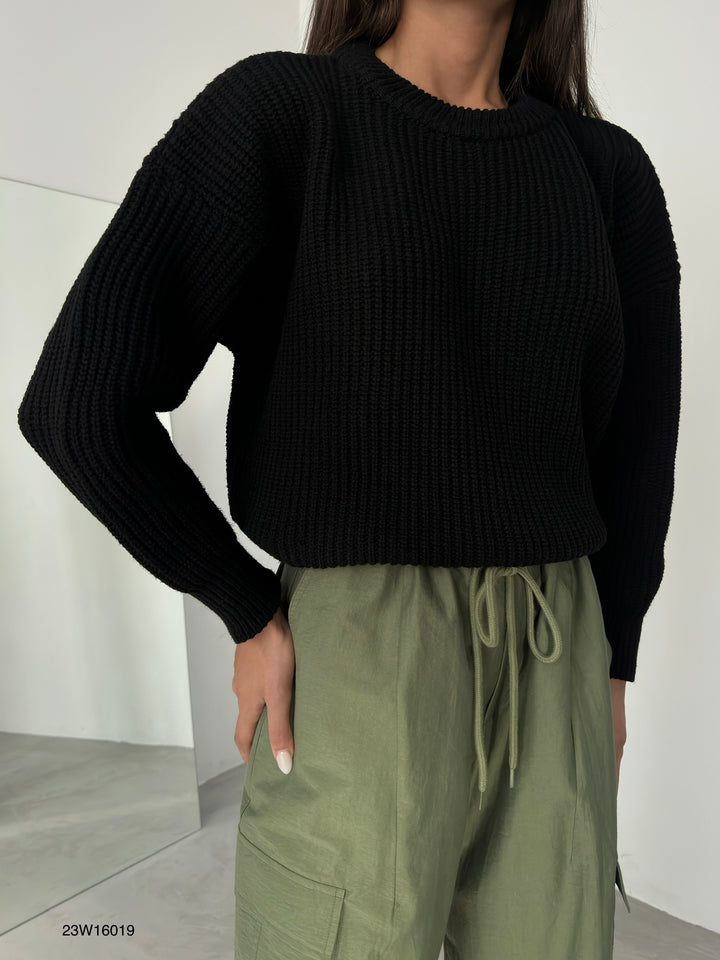 Oversize Örgü Siyah Kazak