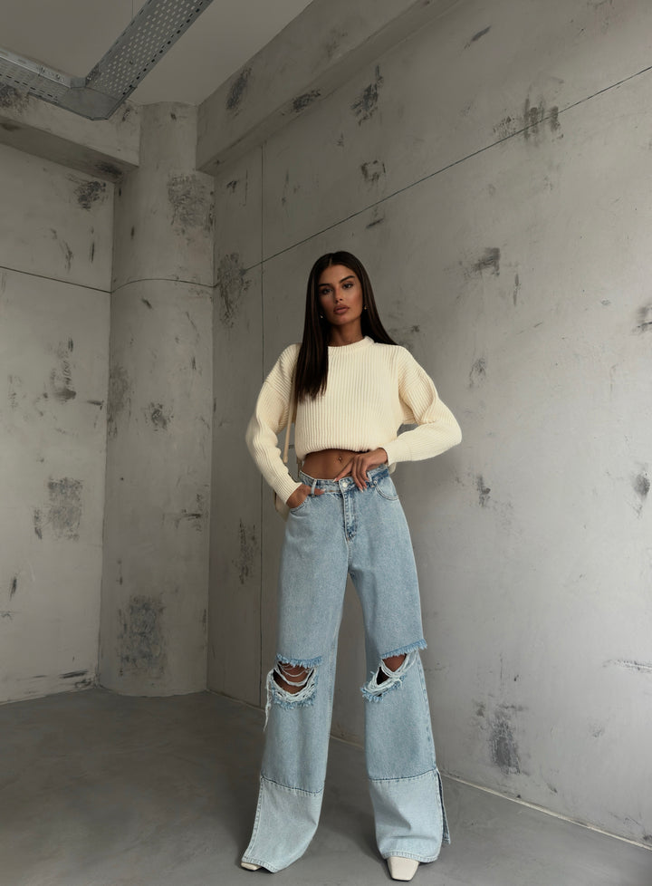 Oversize Örgü Ekru Kazak