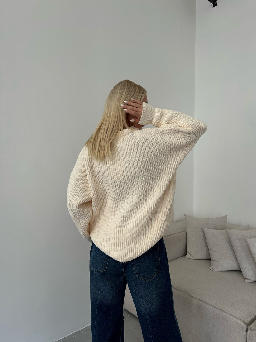 Oversize Örgü Ekru Kazak