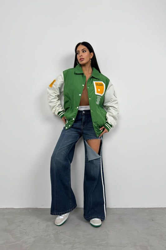 Oversize Polo Collar Green College Jacket 