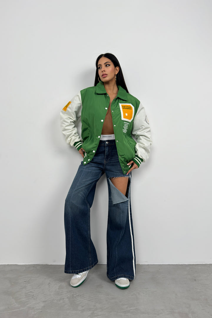 Oversize Polo Collar Green College Jacket 