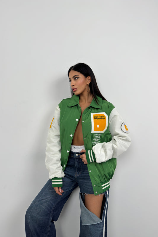 Oversize Polo Collar Green College Jacket 