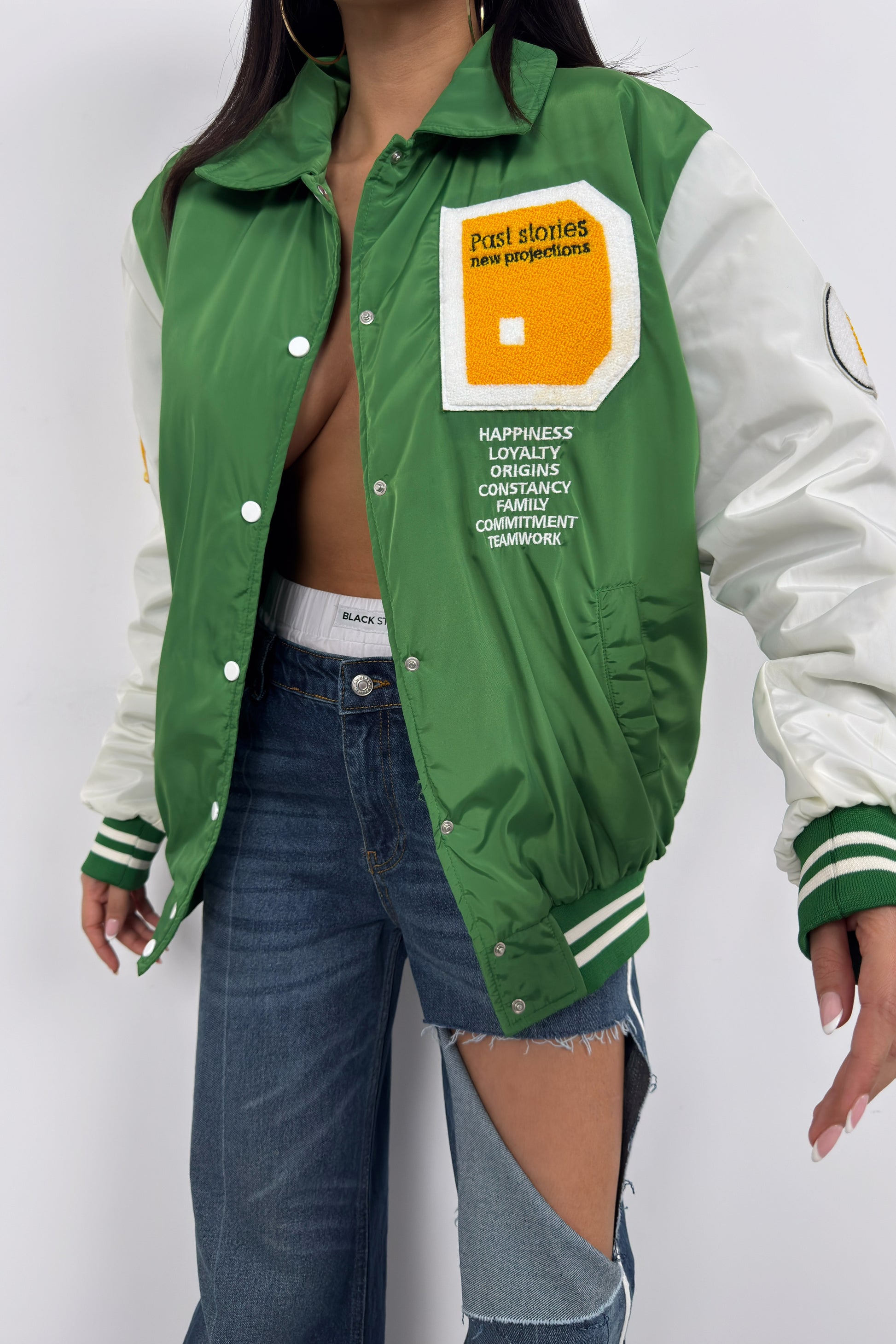 Oversize Polo Collar Green College Jacket 