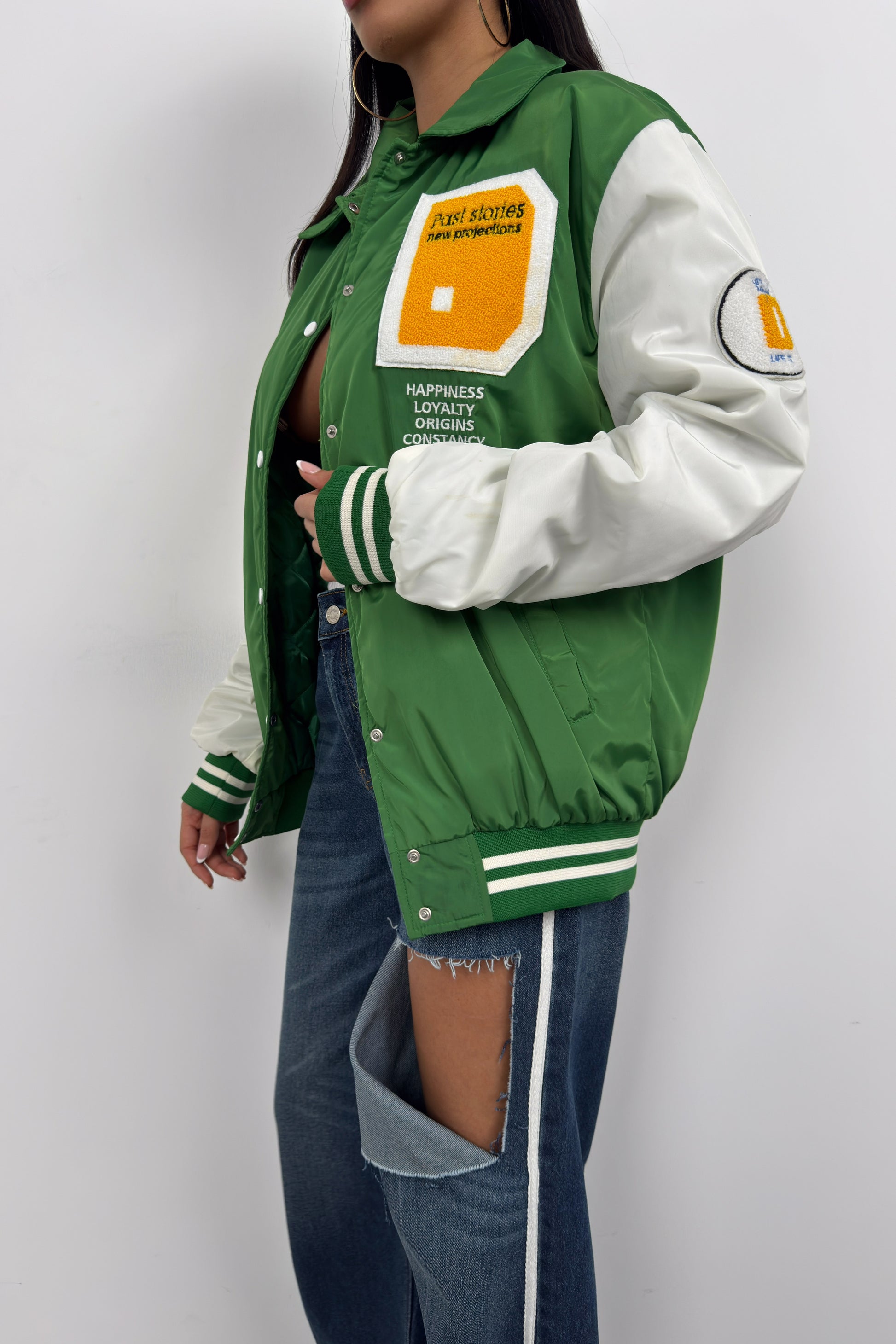 Oversize Polo Collar Green College Jacket 