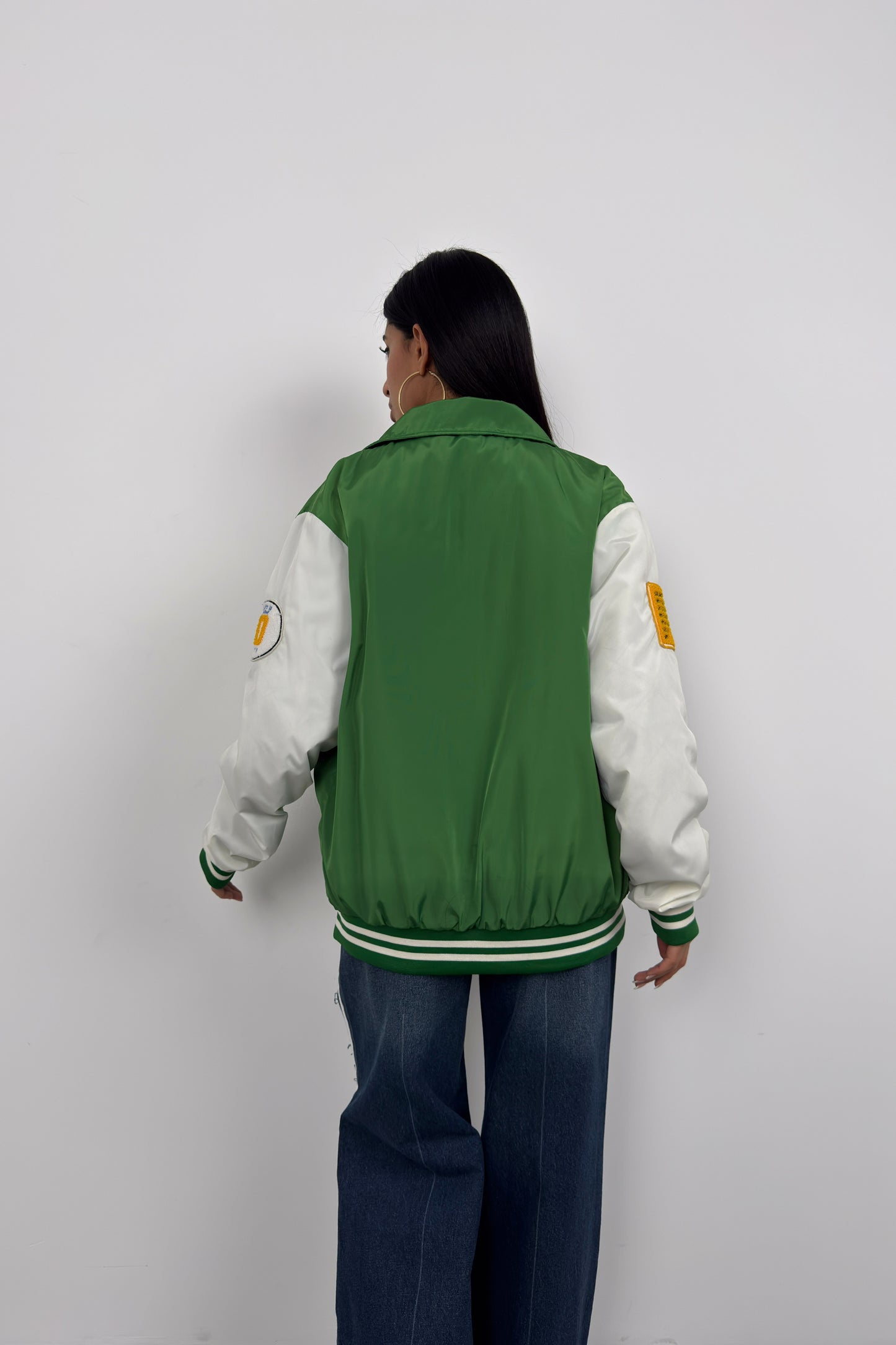 Oversize Polo Collar Green College Jacket 