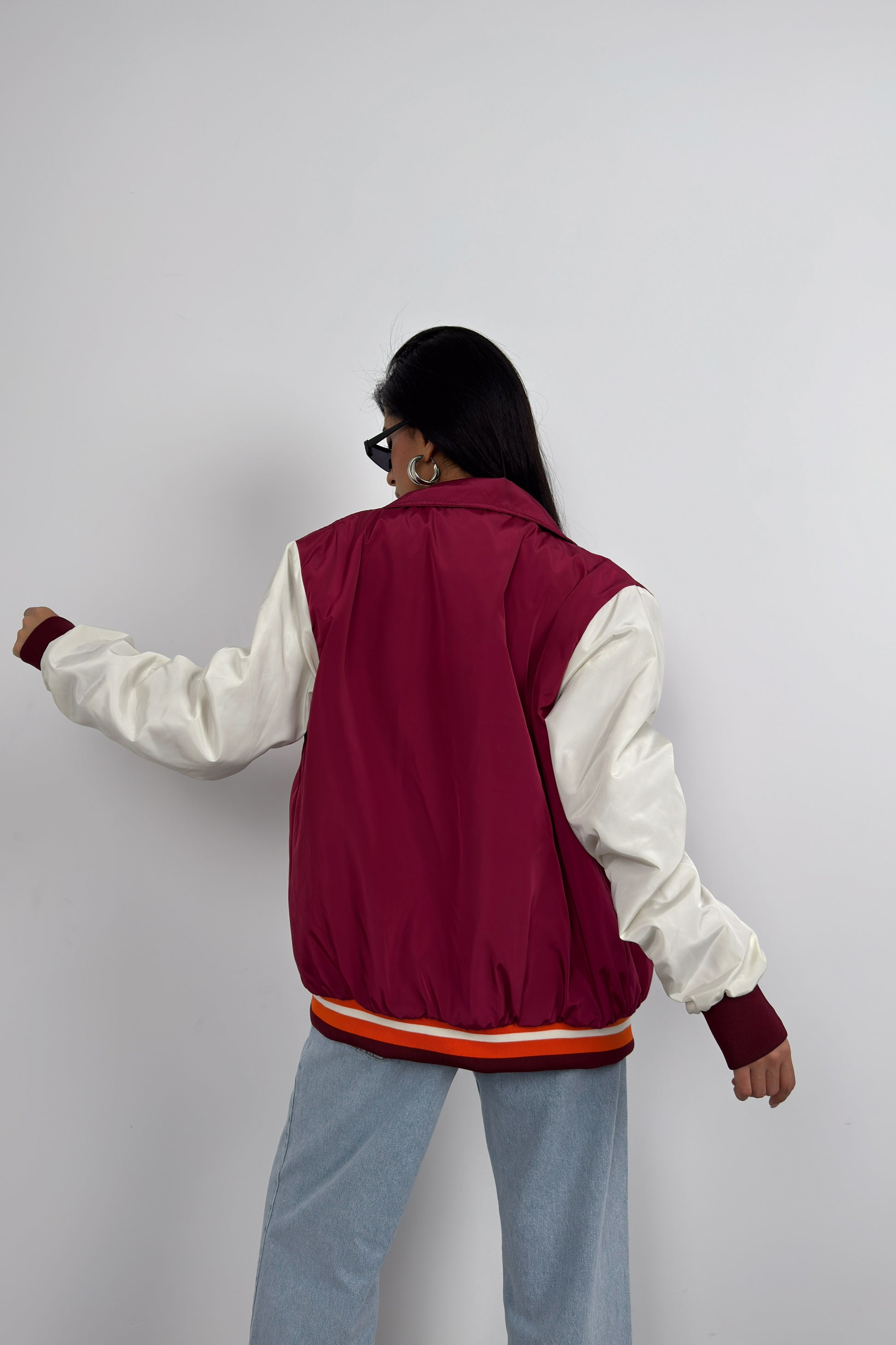 Oversize Polo Collar Plum College Jacket 