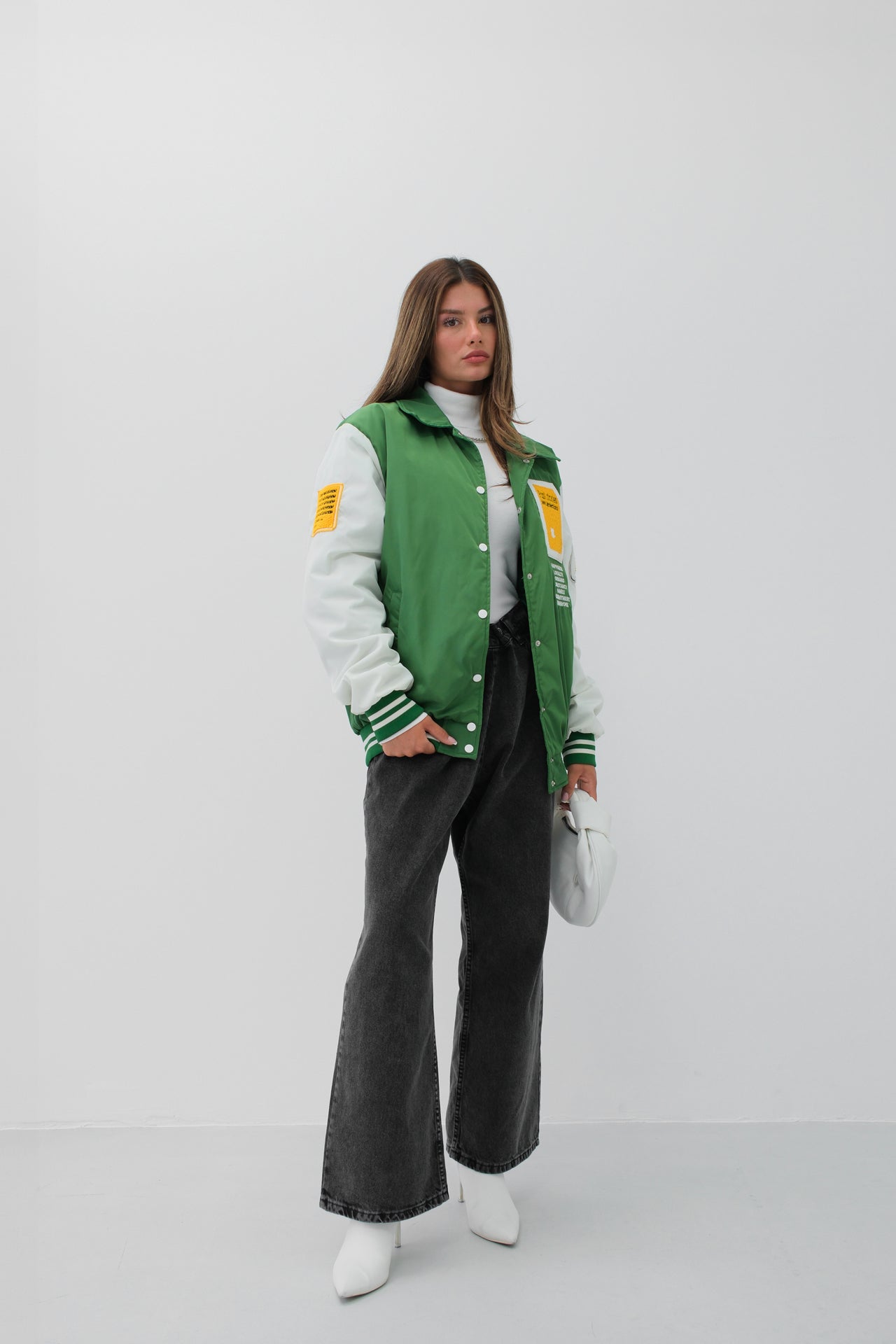 Oversize Polo Collar Green College Jacket 