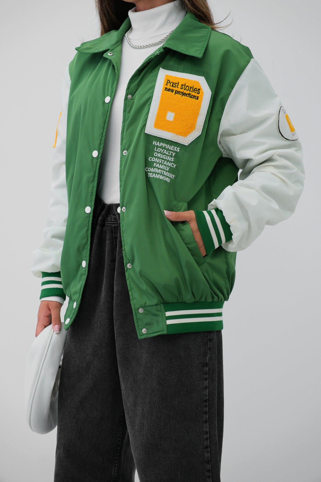 Oversize Polo Collar Green College Jacket 