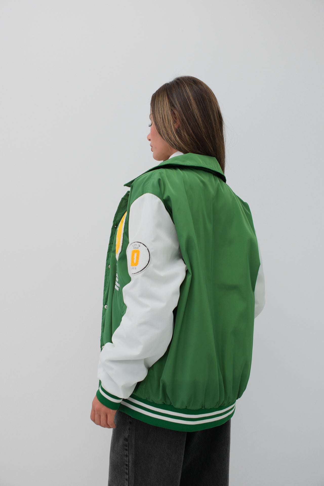 Oversize Polo Collar Green College Jacket 