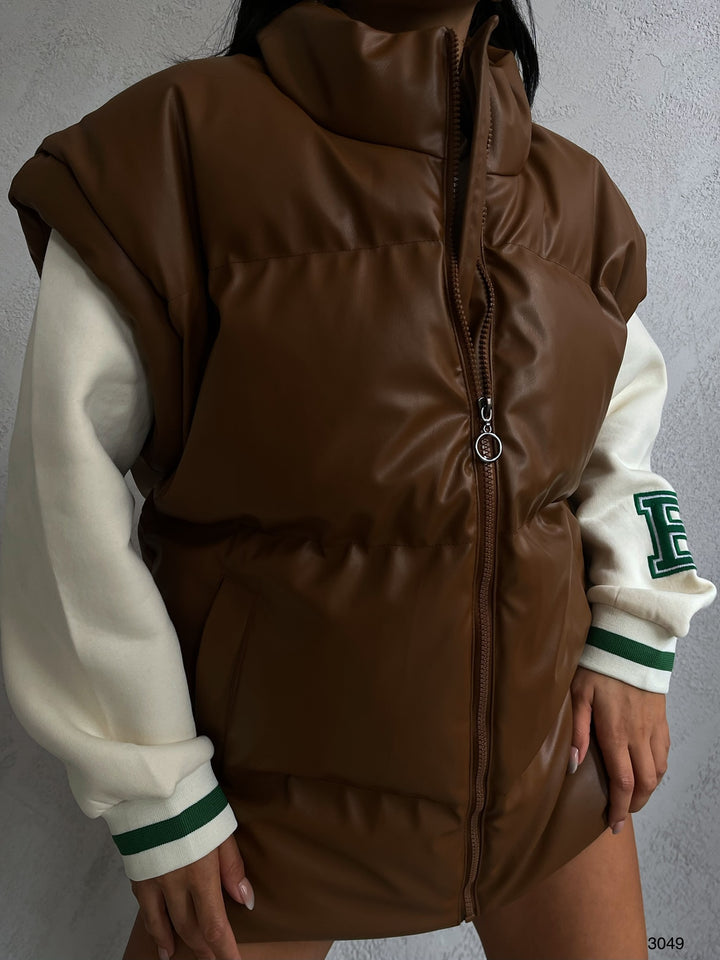Oversize Puffer Tan Leather Vest