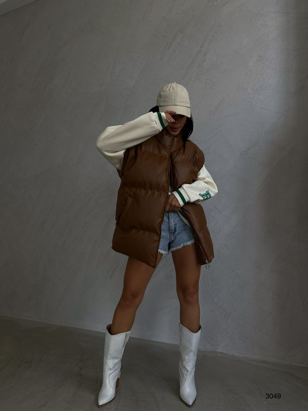 Oversize Puffer Tan Leather Vest