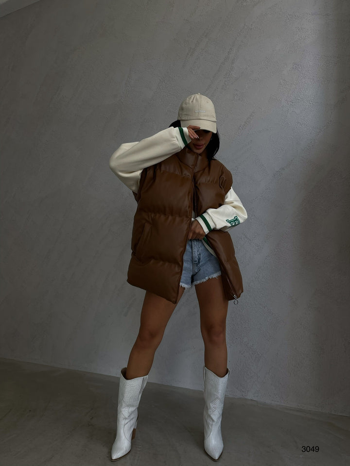 Oversize Puffer Tan Leather Vest