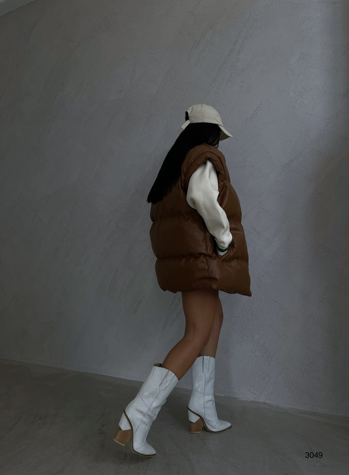 Oversize Puffer Tan Leather Vest
