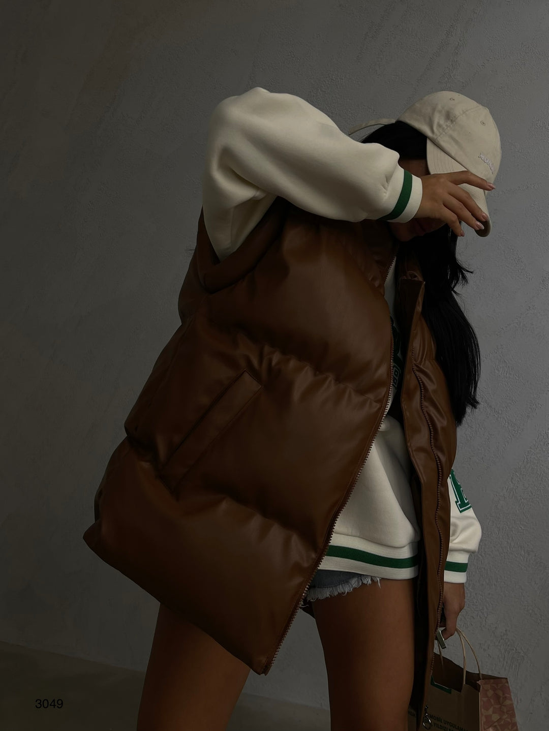 Oversize Puffer Tan Leather Vest