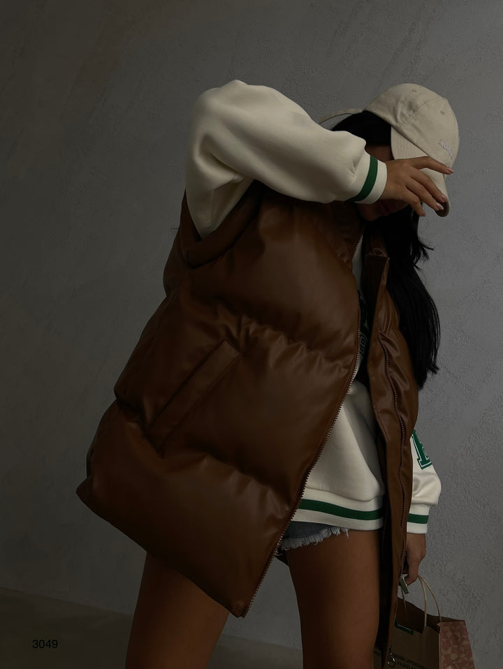Oversize Puffer Tan Leather Vest