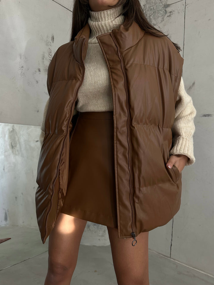 Oversize Puffer Tan Leather Vest