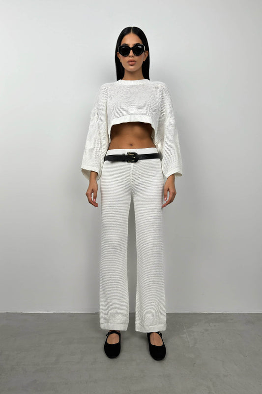 Oversize White Knitted Blouse Trouser Set 