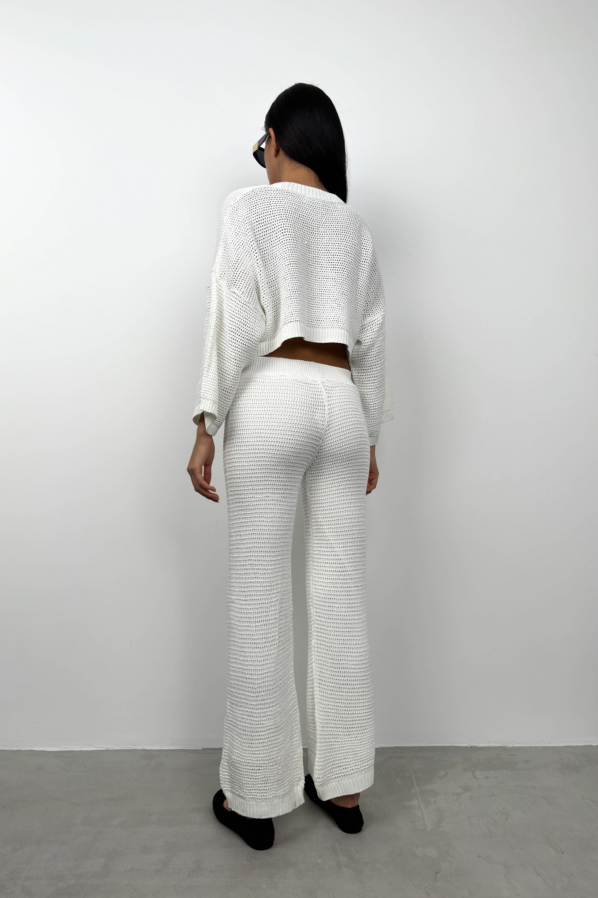 Oversize White Knitted Blouse Trouser Set 