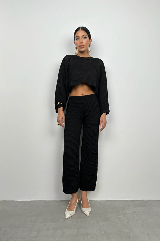 Oversize Knitted Blouse Black Trousers Set